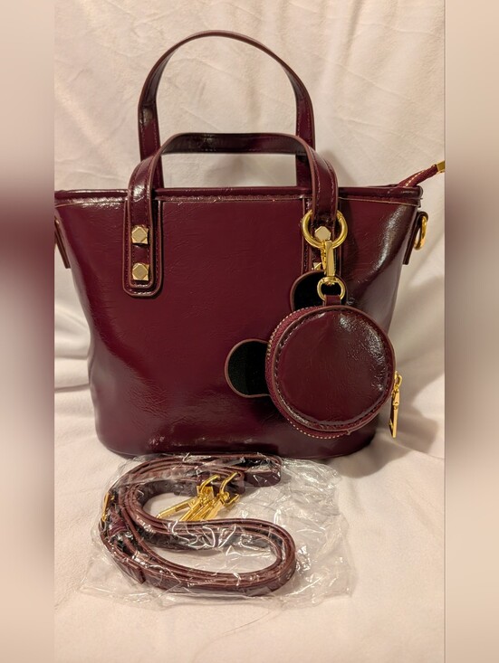 Handbags - Mini Satchel Crossbody Vegan Patent Leather Burgundy Gold NWOT
